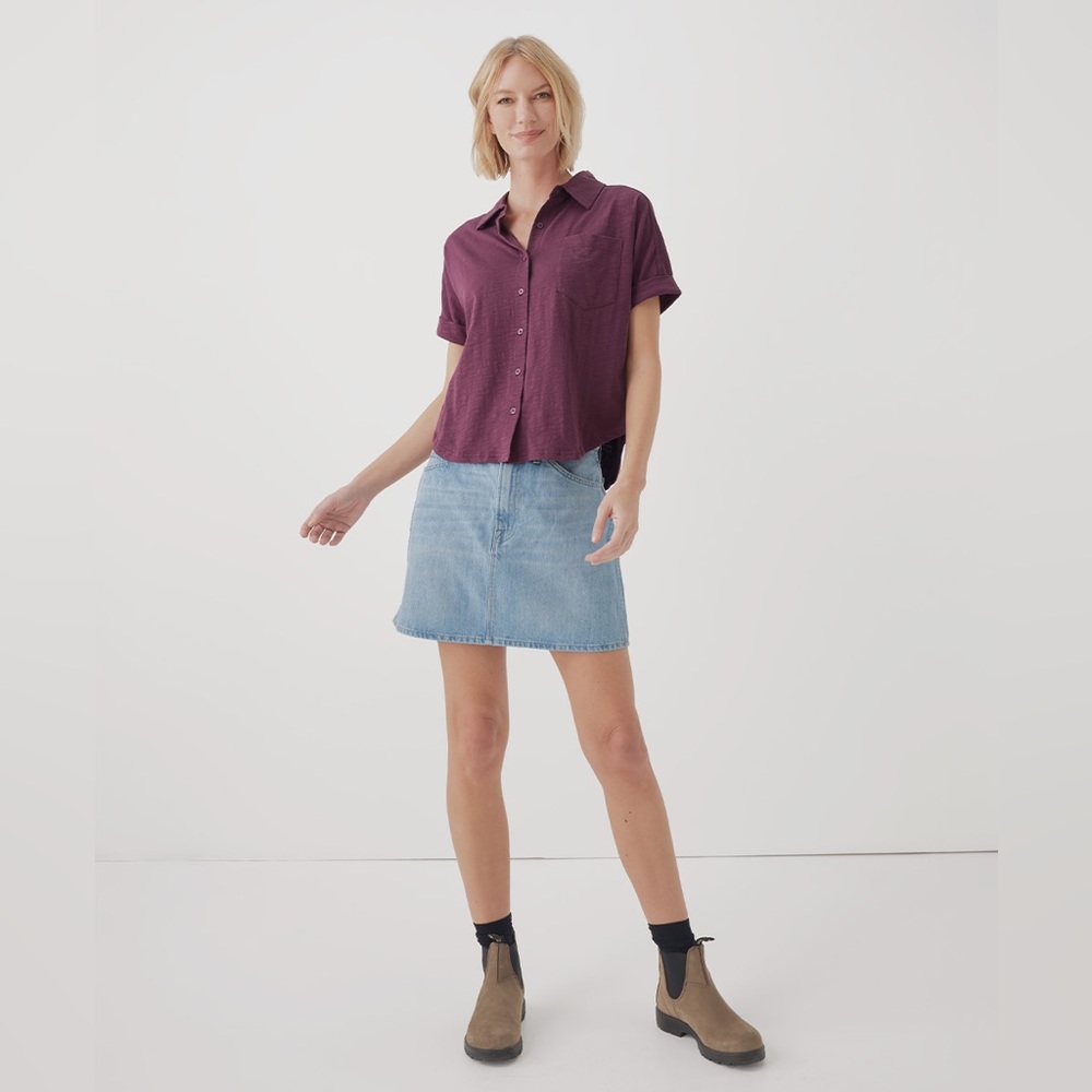 Pact Relaxed Slub Button Up Top Burgundy